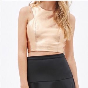Shimmery Frosted Rose Gold Metallic Zippered Faux Leather Crop Top Size Large